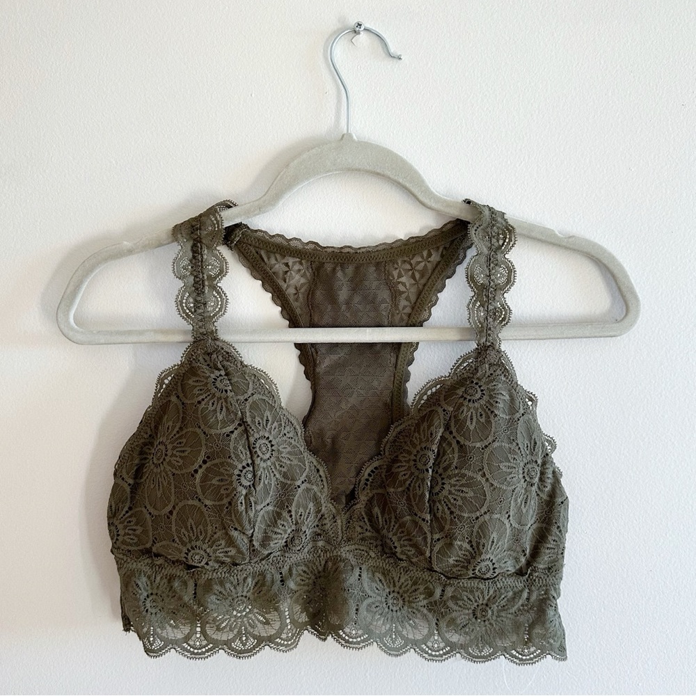 Aerie Dark Green Padded Racerback Lace Bralette L NWOT